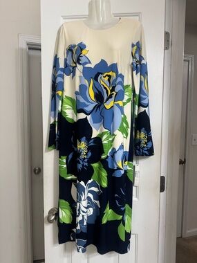 Maggy London Cream Midi Dress with Blue, Navy & Green Floral Print